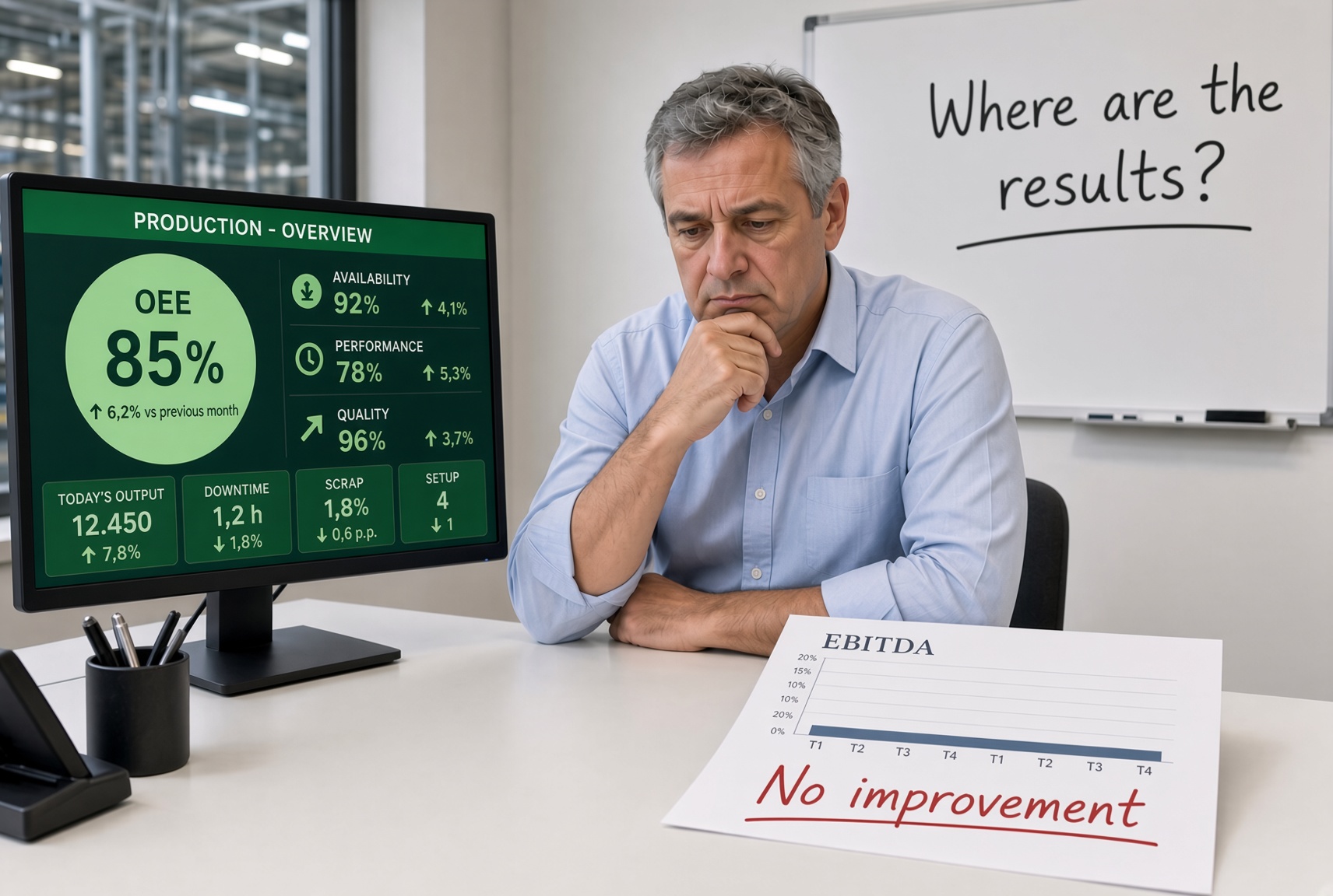 OEE high but EBITDA flat: operations director between a green dashboard and a flat financial report