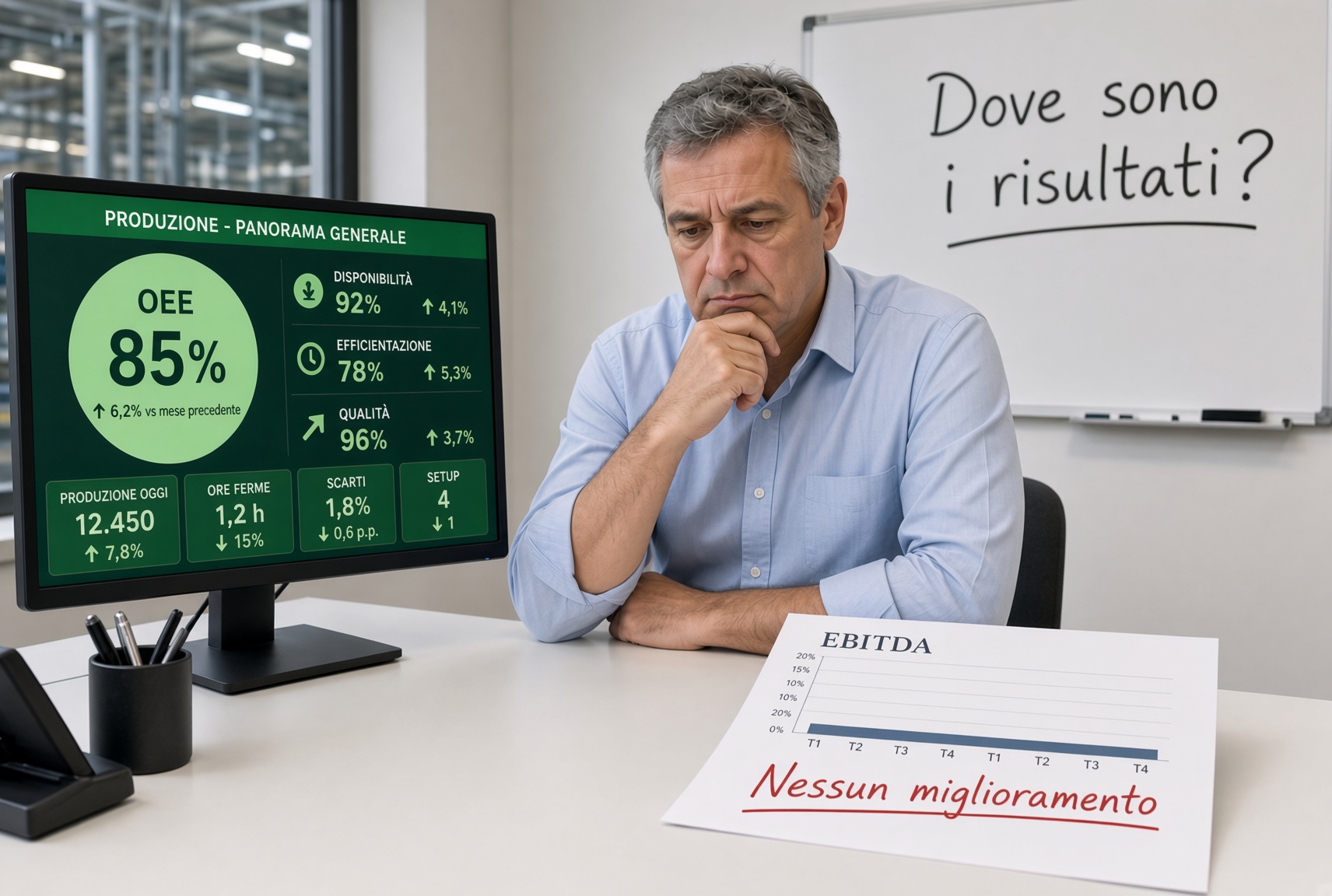 OEE alto ma EBITDA fermo: il direttore operations tra dashboard verde e report finanziario piatto