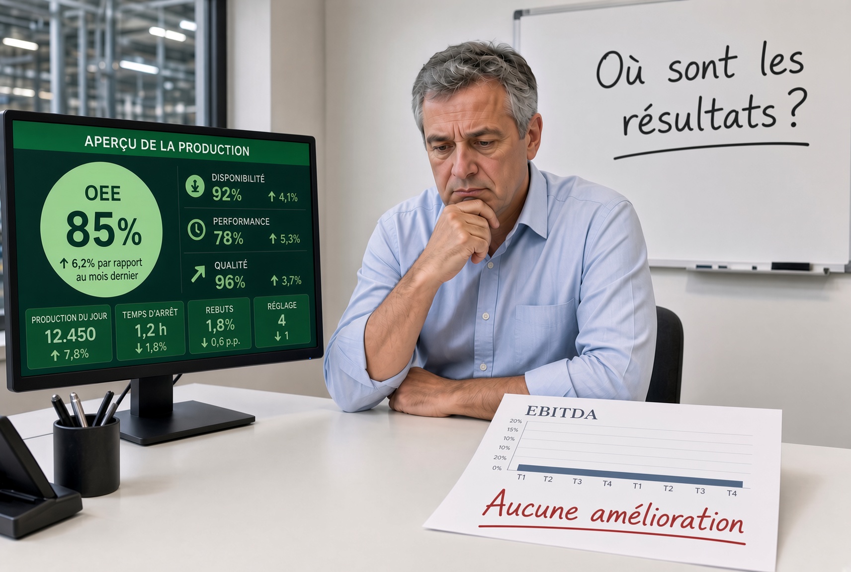 OEE &eacute;lev&eacute; &agrave; 85 % mais EBITDA sans am&eacute;lioration : le manager devant l'aper&ccedil;u de production s'interroge o&ugrave; sont les r&eacute;sultats